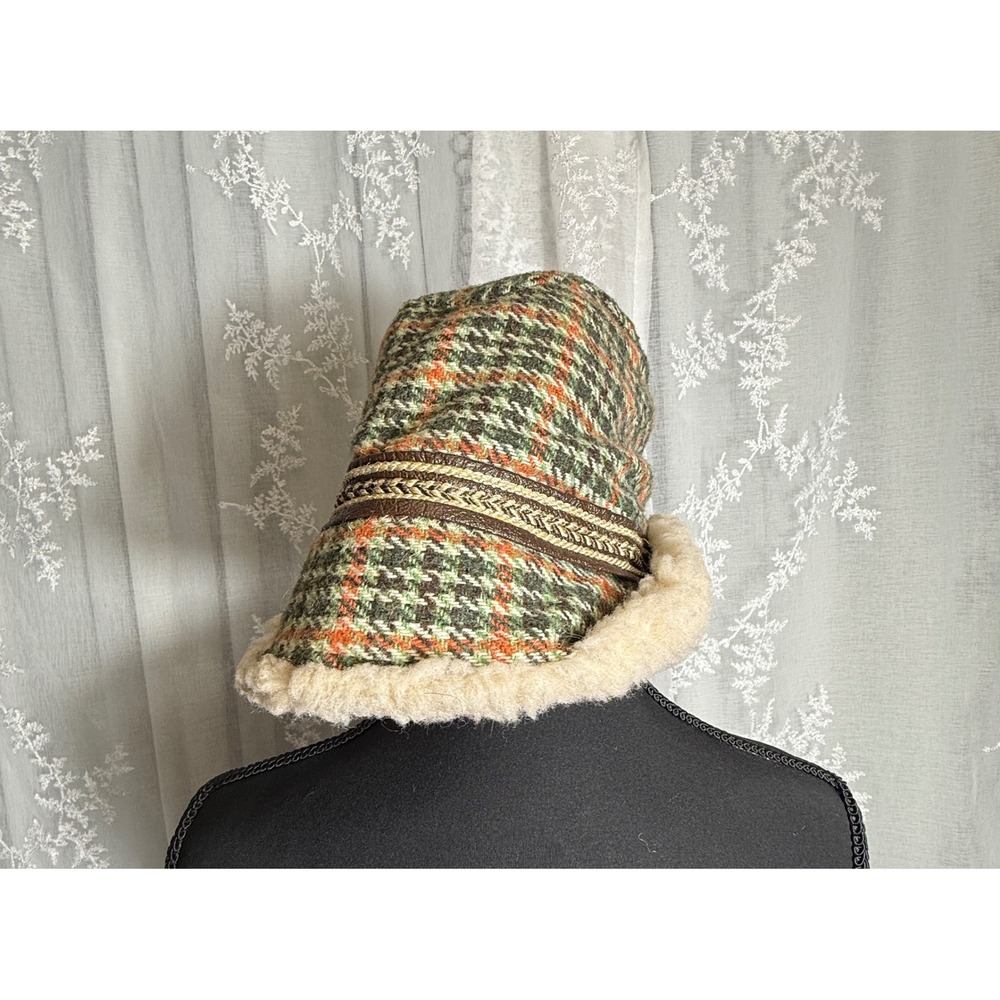 Vintage 50s 60s Plaid Winter Hat Faux Fur Trim Green Orange Houndstooth Medium